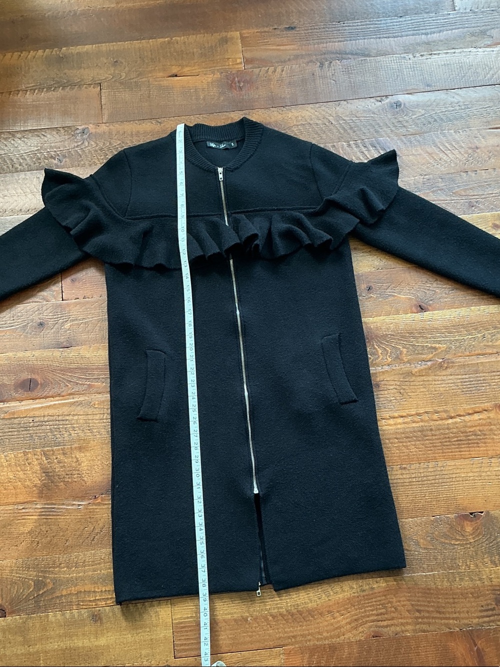 Black Ruffle-Trim Long Sleeve Sweater Coat